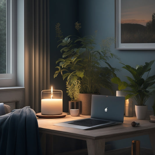 A serene, minimalist illustration featuring a peaceful, candle-lit room with a laptop and a comfortable armchair, surrounded by calming plants and soothing colors, evoking a sense of relaxation.