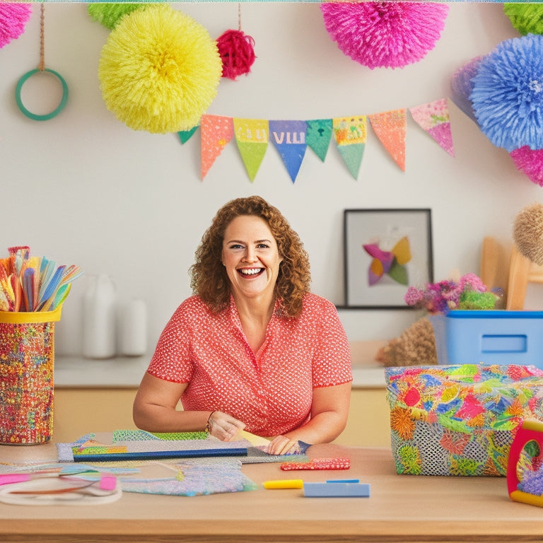 A whimsical illustration featuring a smiling dance mom surrounded by colorful craft supplies, scissors, and a laptop with a dance-themed SVG design on the screen.