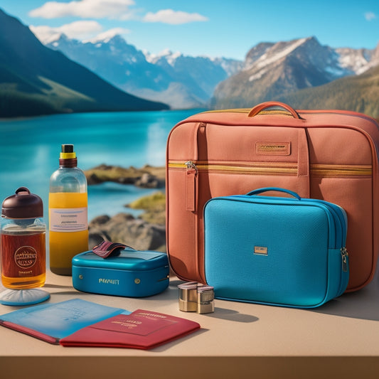 A neatly organized suitcase overflowing with vibrant packing cubes, a sleek travel toiletry bag, a stylish passport holder, and a compact power bank, all set against a backdrop of a scenic travel destination.