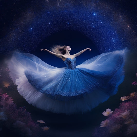 A whimsical illustration of a mysterious dancer in mid-pirouette, surrounded by swirling mist, twinkling stars, and delicate petals, set against a midnight blue background with subtle, shimmering moonlight.