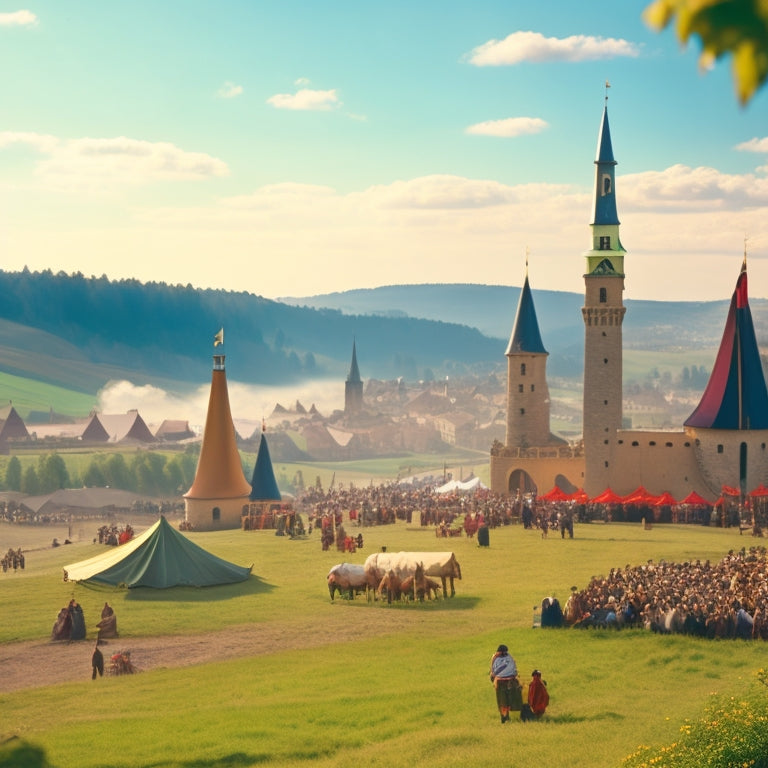 A sunny, rolling hillside with a bustling medieval village in the distance, featuring a grand castle, colorful tents, and people in period costumes amidst a haze of smoke and fluttering pennants.