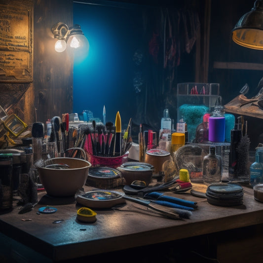 A dimly lit, cluttered makeup station with colorful prosthetics, brushes, and paints scattered across a worn wooden counter, surrounded by half-finished creations and inspirational theatrical masks.