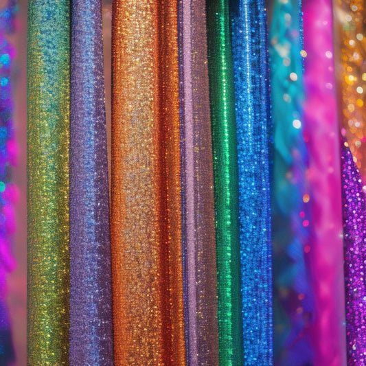 A dazzling display of various sequined costumes hangs on a colorful rack, showcasing vibrant colors and textures. Soft lighting glimmers off the sequins, casting sparkles on a stylish backdrop of fabric swatches and accessories.