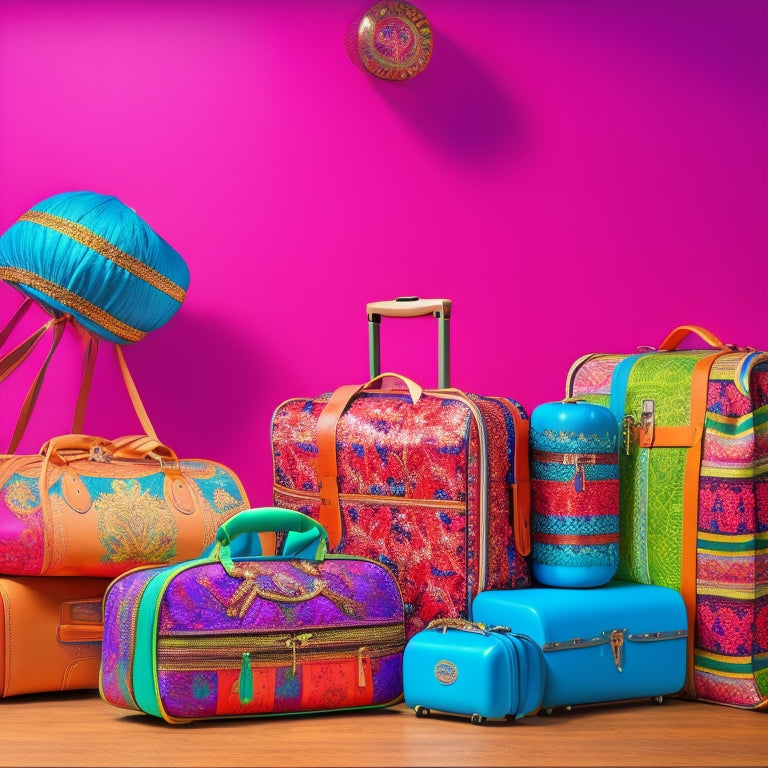 A vibrant dance studio backdrop with stylish, compact luggage in various sizes, adorned with dance motifs. Include a ballet bag, rolling suitcase, and duffel, surrounded by dance shoes and colorful costumes.