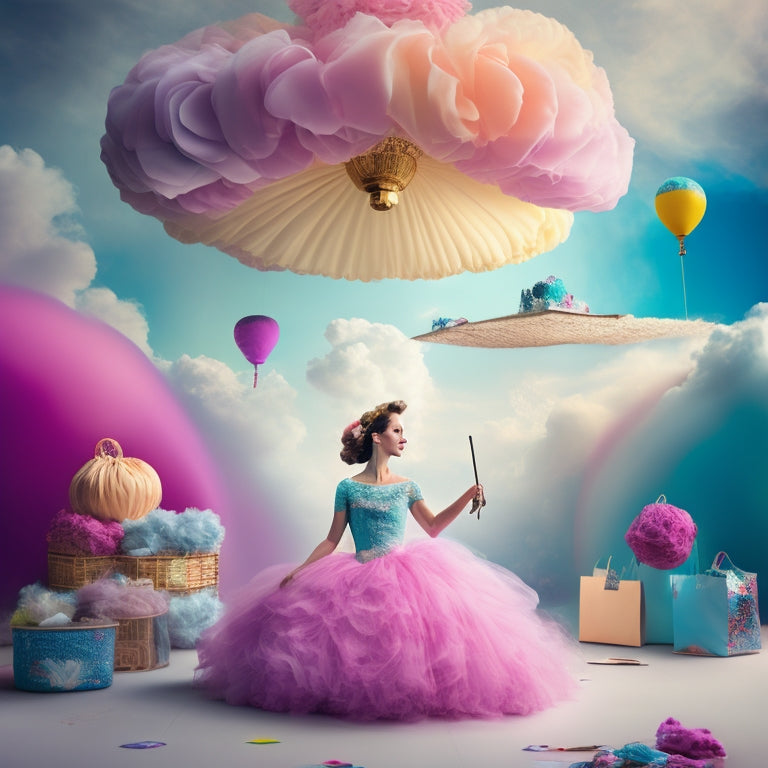 A whimsical, dreamlike scene featuring a ballerina surrounded by swirling clouds of colorful paintbrush strokes, with scattered Etsy shopping bags and digital art tablets in the background.