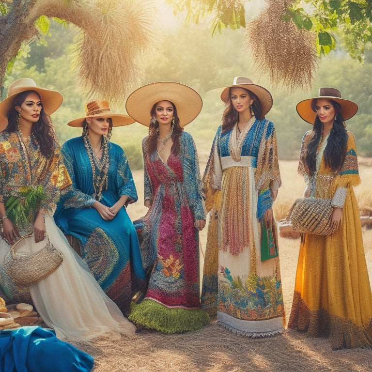A sunlit outdoor festival scene featuring a diverse group of stylish individuals in flowing maxi dresses, layered jewelry, wide-brimmed hats, embroidered kimonos, and fringed bags, surrounded by colorful banners and lush greenery.