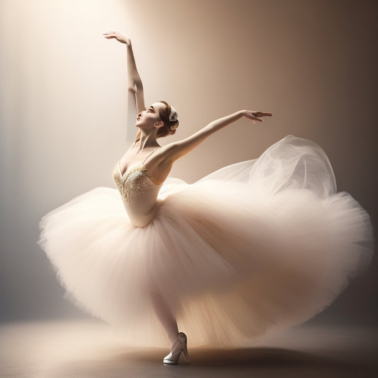 A serene, ethereal illustration of a delicate ballerina in a flowing, pale pink tutu, surrounded by soft, golden light and gentle, swirling mist, against a creamy white background.