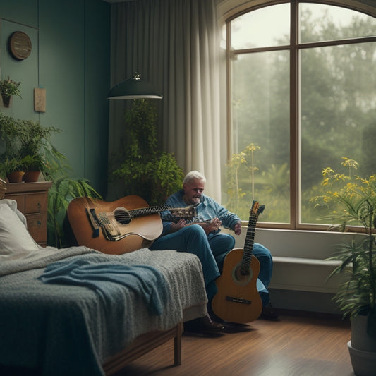 A serene hospital room with a guitar-playing therapist surrounded by calming plants, a peacefully sleeping patient, and soft, warm lighting, evoking a sense of comfort and healing.