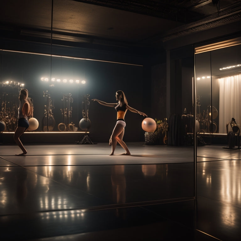 A serene, dimly lit dance studio with a lone dancer in the center, surrounded by mirrors, with a subtle sparkle on the floor, warm lighting, and a few props like resistance bands and exercise balls.