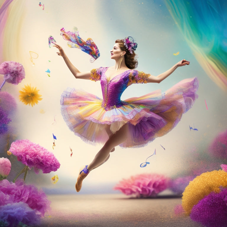 A whimsical illustration of a dancer in mid-leap, surrounded by swirling ribbons of colorful paint, musical notes, and delicate flowers, with a subtle background of watercolor brushstrokes.