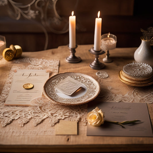 A delicate, lace-trimmed wedding invitation lies open on a rustic wooden table, surrounded by scattered coins, a miniature wedding cake, and a elegant, candelabra-adorned centerpiece.