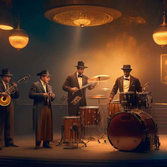 A vintage-style illustration featuring a 1920s-style jazz band performing on a dimly lit stage, surrounded by Edison Discs and antique gramophones, with a warm, golden light casting a nostalgic glow.