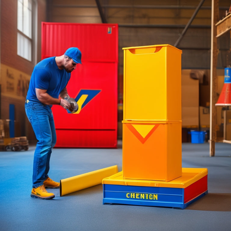 A person in their mid-30s, wearing a yellow shirt and blue jeans, is shown bending to lift a heavy box, with a red "X" symbol overlaid on top, surrounded by caution tape and hazard signs.