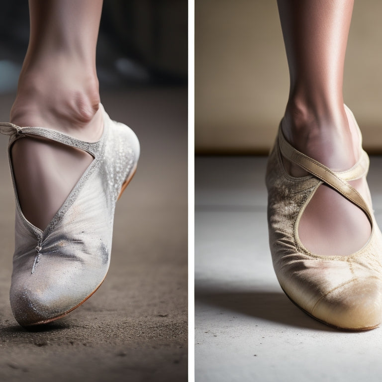 A split-screen image featuring a dancer's foot in a worn-out Pointe shoe with visible blisters and bruising, contrasted with a healthy foot in a properly fitted shoe with a subtle sparkle effect.