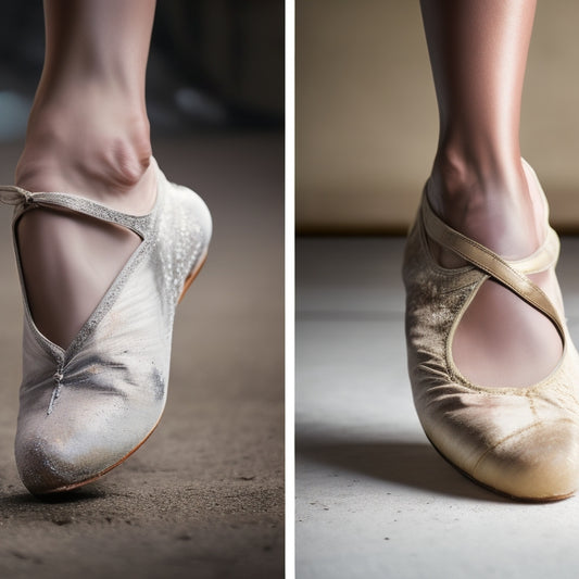 A split-screen image featuring a dancer's foot in a worn-out Pointe shoe with visible blisters and bruising, contrasted with a healthy foot in a properly fitted shoe with a subtle sparkle effect.
