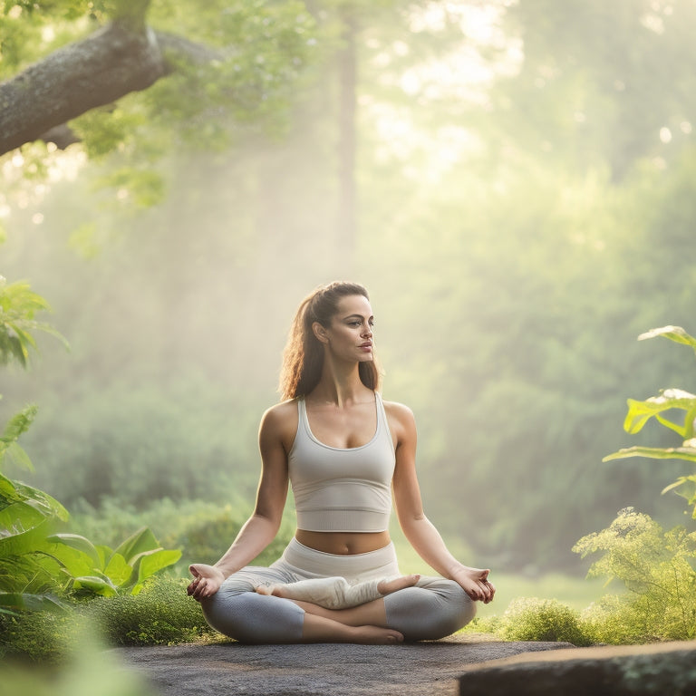 A serene, toned female figure in a peaceful outdoor setting, surrounded by lush greenery, practicing gentle yoga poses, with a subtle, calming mist effect and warm, soft lighting.