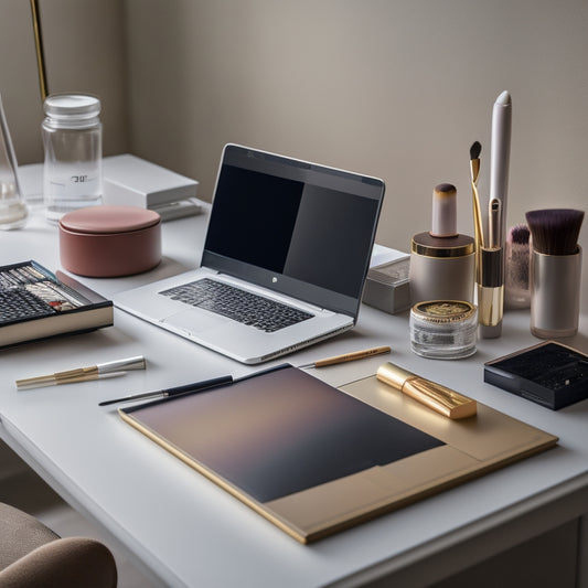 A clutter-free, minimalist desk with a sleek laptop, a tablet, and a smartphone, surrounded by professional makeup brushes, palettes, and a few beautifully crafted portfolio books.