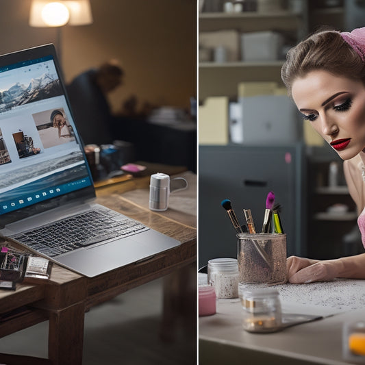 A split-screen image: on one side, a stressed dance makeup artist surrounded by scattered makeup and broken mirrors, and on the other, a calm artist with a laptop and organized workspace.