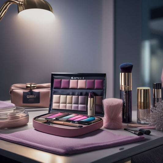 A beautifully lit, clutter-free vanity with a partially unzipped Gerrii 6 Dance Makeup Bag Set in the center, surrounded by neatly arranged makeup brushes and products.