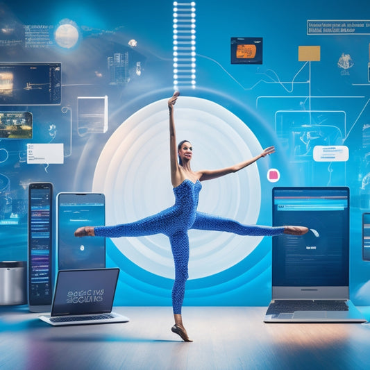 A stylized illustration of a dancer in the center, surrounded by digital icons and symbols, such as laptops, smartphones, and Wi-Fi signals, with arrows and lines connecting them to represent online growth.