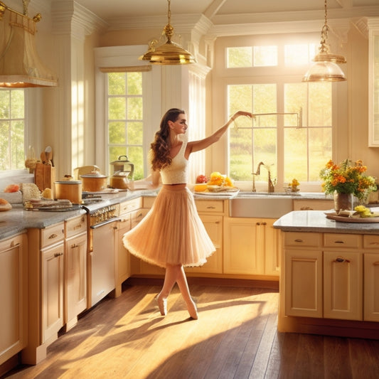 A warm, sunlit kitchen with soft, golden lighting; a dancer in mid-pirouette, skirt swirling, surrounded by utensils, appliances, and a few strategically placed kitchen towels, amidst a backdrop of warm wood and creamy tile.