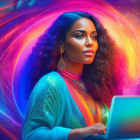 A vibrant illustration of a woman standing confidently in front of a laptop, surrounded by swirling patterns of light and color, with a subtle sparkle effect radiating from her body.