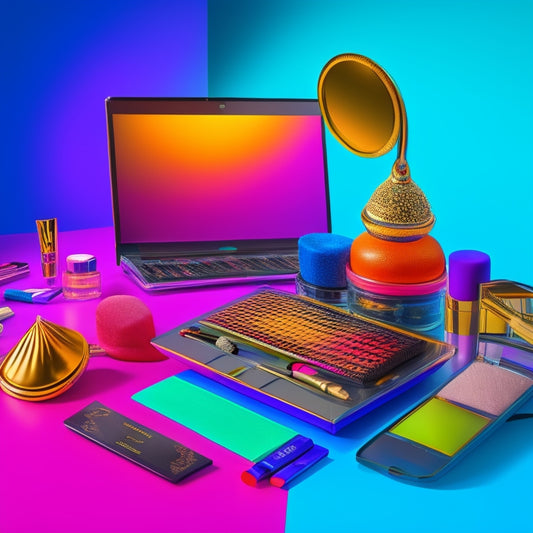 A stylized illustration of a laptop open to a virtual dance studio, surrounded by makeup brushes, mirrors, and colorful cosmetics, with a pair of dancing shoes and a certification badge in the corner.