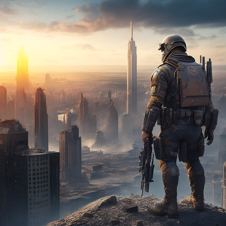 A gritty, futuristic illustration of a lone mercenary standing atop a ruined skyscraper, overlooking a war-torn cityscape with towering mechs and explosions in the distance.