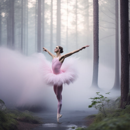 A dancer in a flowy, pastel pink leotard, surrounded by soft, white feathers, stretching their right leg behind them, with one hand on a ballet barre, amidst a serene, misty forest background.