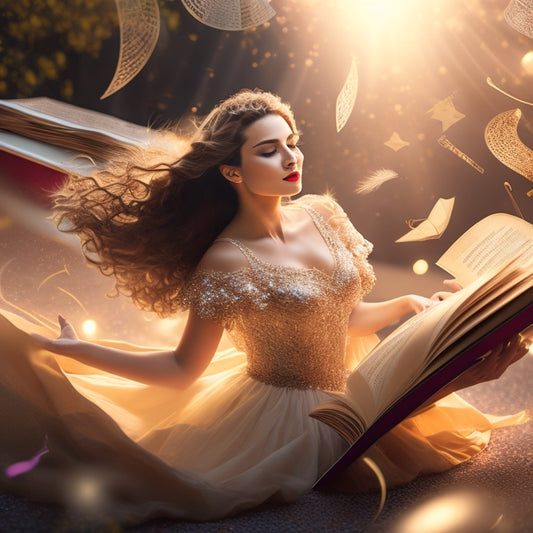 A whimsical illustration of a young woman surrounded by swirling dance movements, music notes, and scattered pages of a book, with a warm golden light and soft, dreamy colors.