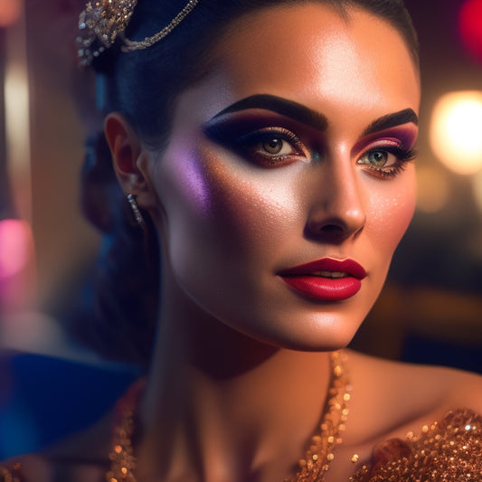 A beautifully lit, close-up shot of a dancer's face, with a flawless, glamorous makeup look, surrounded by laptops, tablets, and smartphones displaying various online tutorial screens.