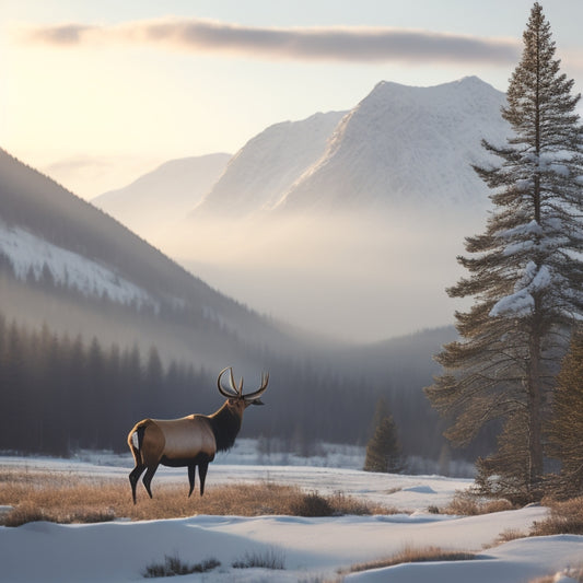 A serene, snow-capped mountain landscape at dawn, with a majestic elk in the distance, surrounded by lush greenery, and a delicate, lace-trimmed wedding veil gently blowing in the wind.