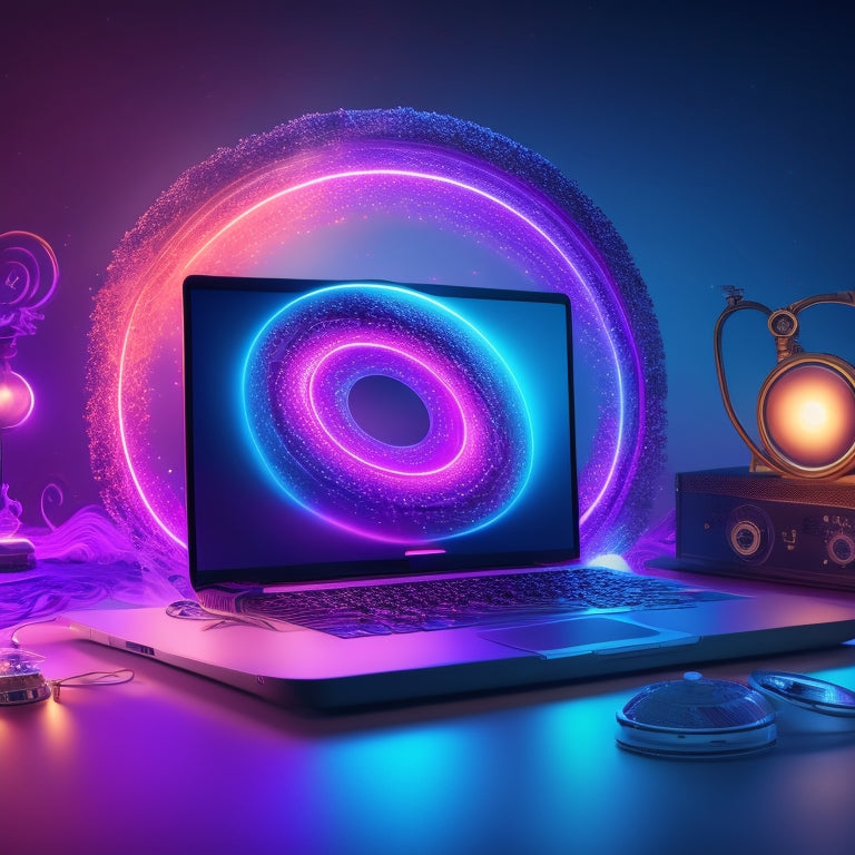 A stylized illustration of a laptop surrounded by swirling dance-inspired shapes and icons, with a subtle stage light glow in the background, blending digital and performing arts elements.