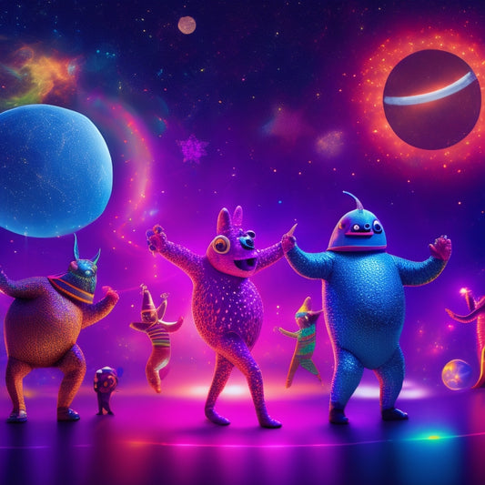 A whimsical illustration of monsters in various dance poses, surrounded by colorful disco balls and neon lights, amidst a vibrant, starry night sky, with a subtle cityscape in the background.