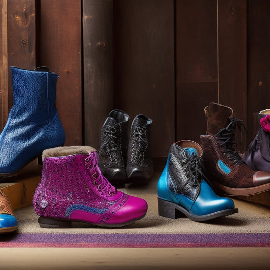 A vibrant display of diverse costume shoes: sleek black leather boots, whimsical fairy slippers, rugged pirate sandals, colorful superhero sneakers, and elegant Victorian heels, all arranged on a textured, dark wooden surface.