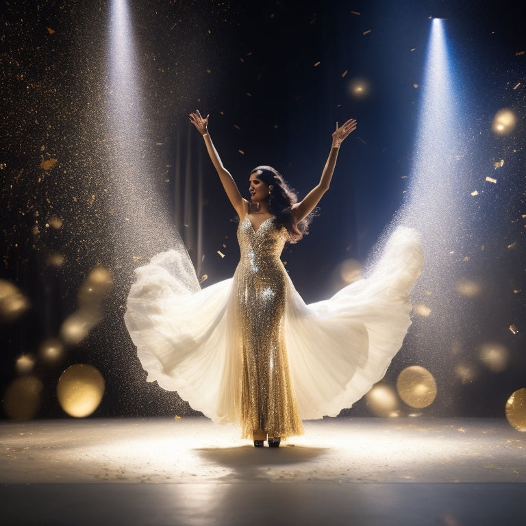 A golden confetti-filled stage with a spotlight shining down on Hannahlei Cabanilla, wearing a flowing white dress, holding a "Season 15 Winner" trophy, and standing in a powerful pose with one leg bent.