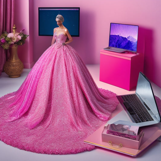 A glamorous, spot-lit dress form stands against a soft, pastel pink background, adorned with a stunning, floor-length, red-carpet-inspired gown, surrounded by scattered fashion magazines and a laptop.