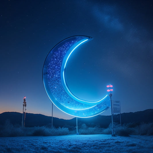 A vibrant, dark-blue night sky with twinkling stars, illuminated by a giant, glowing party sign shaped like a crescent moon, surrounded by glowing stick lights in various colors.