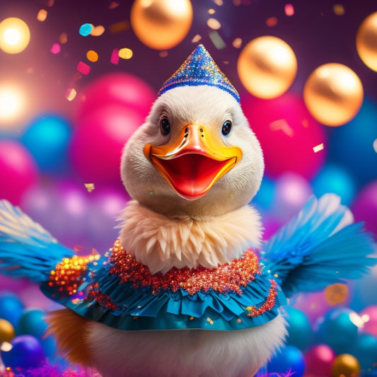 A whimsical illustration of a smiling duck wearing a cheerleader uniform, surrounded by colorful pom-poms, megaphones, and stars, with a sparkly, glittery aura and confetti in the background.