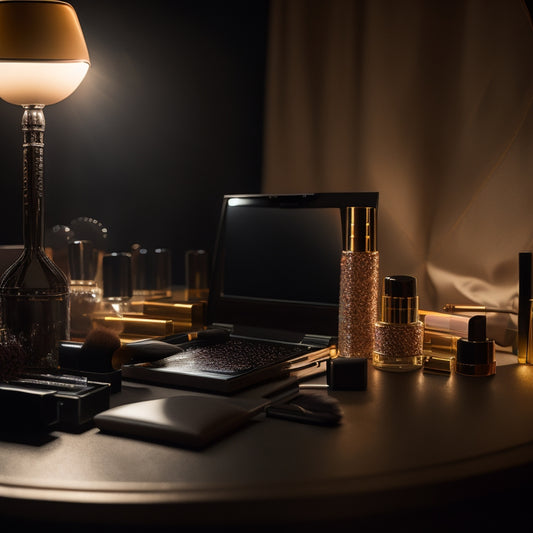 A dimly lit vanity with a ring light, surrounded by various makeup products, brushes, and a laptop open to a dance makeup tutorial, with a mirror reflecting a dancer's face with a bold, glamorous look.