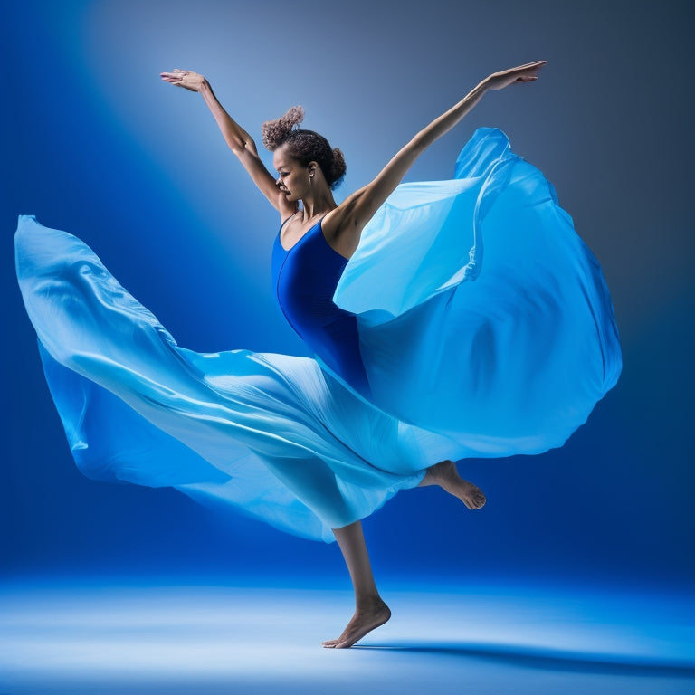 A serene, minimalist background with a dancer in motion, arms extended and legs bent, surrounded by faint, swirling lines and shapes in shades of blue, evoking fluidity and freedom.