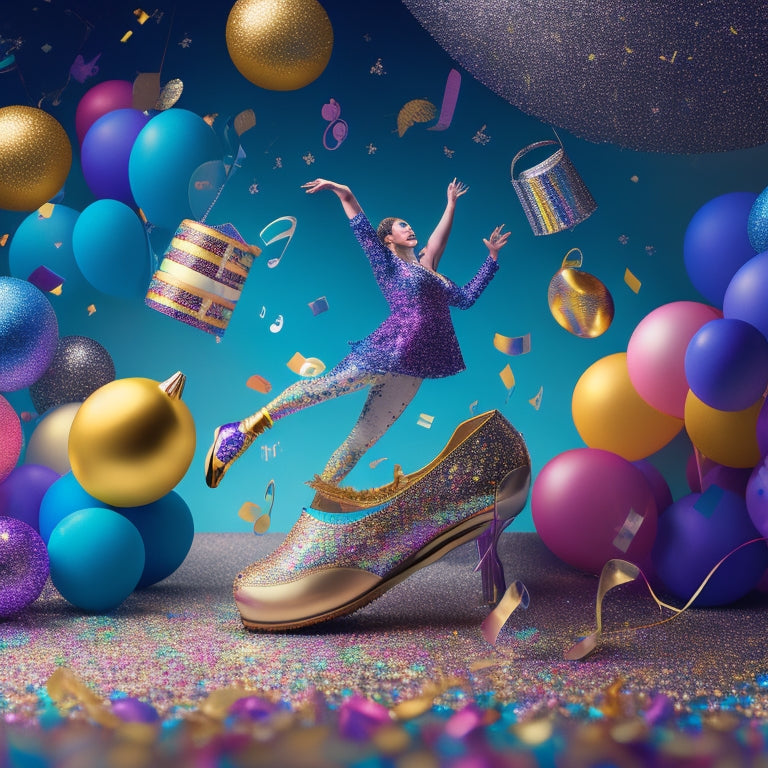 A whimsical illustration of a dancing figure surrounded by swirling music notes, dance shoes, and musical instruments, set against a bright, glittering background with confetti and balloons.