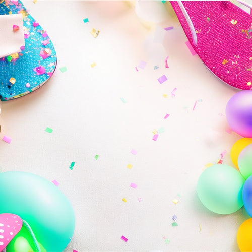 A vibrant, sunny scene featuring a pair of colorful flip flops surrounded by confetti, balloons, and a subtle sparkle effect, set against a bright white or pastel-hued background.