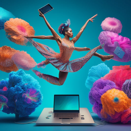 A whimsical illustration of a dancer surrounded by various digital devices, with musical notes and dance poses flowing out of laptops and tablets, amidst a background of swirling dance-inspired shapes and colors.