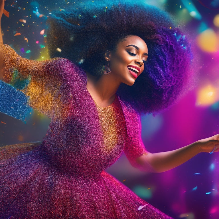 A vibrant illustration featuring a young woman in mid-dance, surrounded by swirling patterns of music notes, sparkles, and confetti, with a subtle digital glow emanating from her journal in the corner.