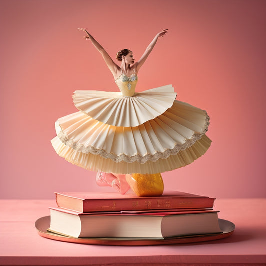 A whimsical illustration featuring a delicate, ballerina-inspired paper cutout standing on a stack of vintage books, surrounded by swirling folds of paper resembling a tutu.