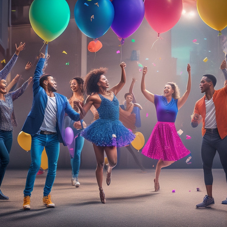 A vibrant dance studio scene: spotlight shines on a diverse group of energetic people in dynamic poses, surrounded by colorful balloons and confetti, with a subtle cityscape background at dusk.