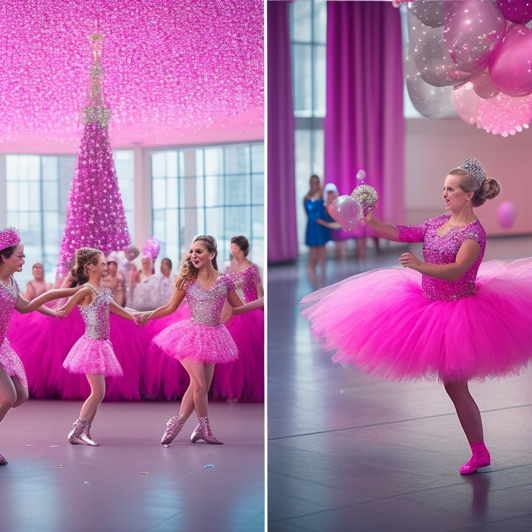 A vibrant pink and metallic silver dance studio scene with sparkly tutus, glittering dance shoes, and a background of sublimation-printed dance bags and water bottles, surrounded by confetti and balloons.