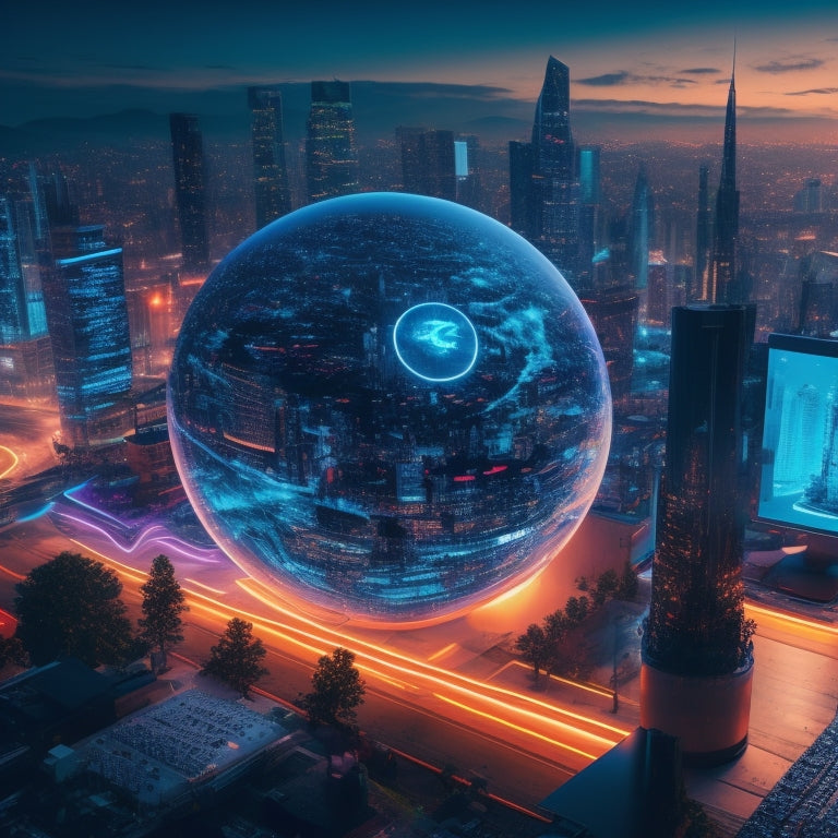 A futuristic, neon-lit cityscape at dusk, with a fusion of digital art pieces and musical notes swirling around a central, glowing orb, surrounded by laptops and audio equipment.
