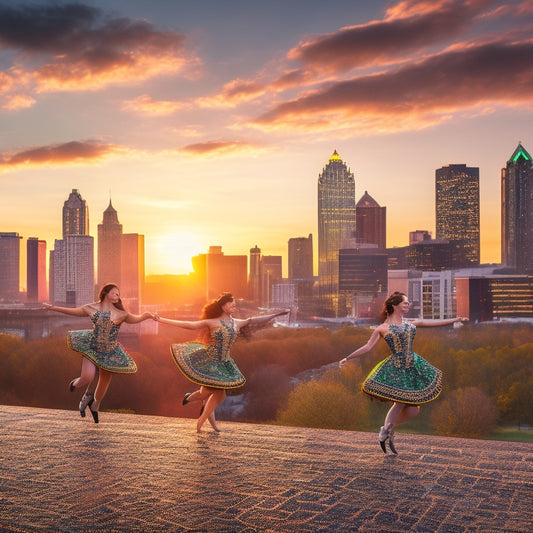 A whimsical illustration of a lively Irish dance performance set against a vibrant Atlanta cityscape at sunset, with Celtic knot patterns and shamrocks woven throughout the scene.